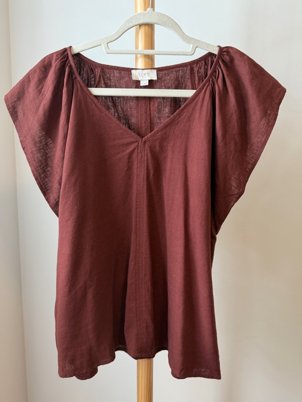 Loft Brown Linen Blend Ruffle Sleeve Top Sleeveless Summer Blouse Size Medium